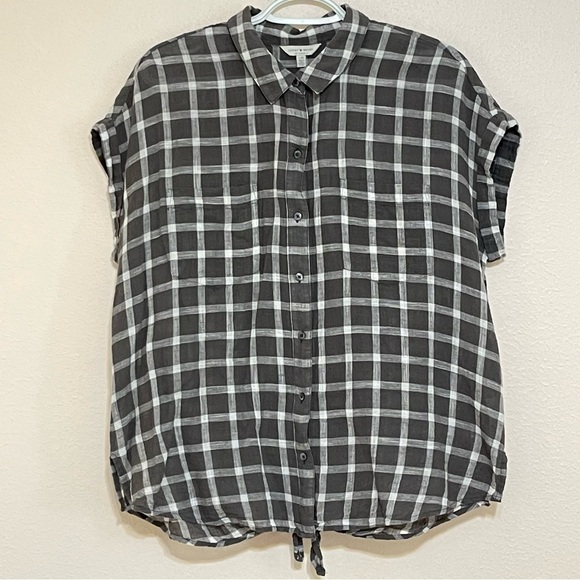 Lucky Brand Plaid Gray Button Front Short Sleeve Checkered Blouse - Picture 4 of 10